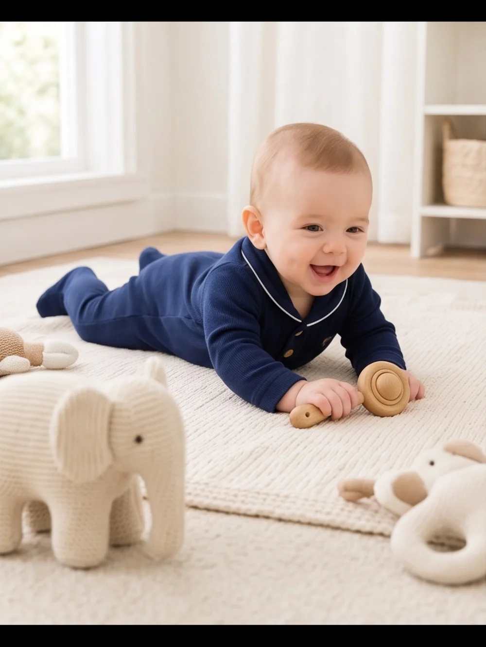 Navy Footed Baby Romper with Dog Embroidery